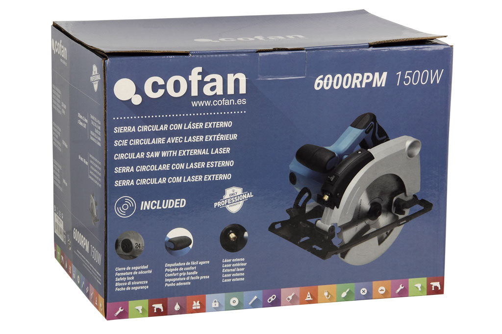 Cofan – Sierra Circular Ø185 mm con Guía Láser | 1500W y 5800 rpm | Corte a 90°/45° | Alta Precisión y Seguridad