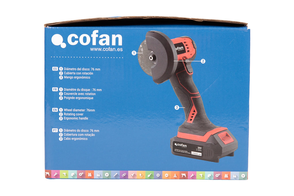 Cofan – Mini Amoladora a Batería 20 V | 19.500 rpm | Disco Ø76 mm | Con o sin Batería