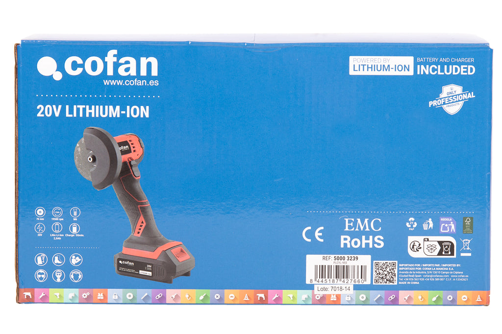 Cofan – Mini Amoladora a Batería 20 V | 19.500 rpm | Disco Ø76 mm | Con o sin Batería