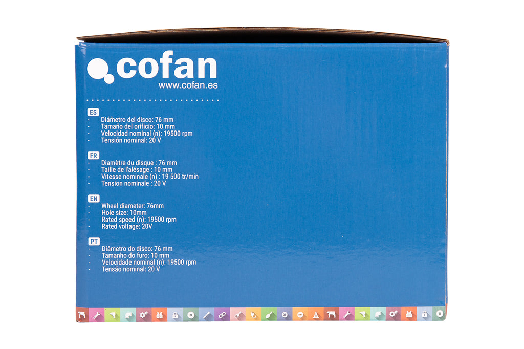 Cofan – Mini Amoladora a Batería 20 V | 19.500 rpm | Disco Ø76 mm | Con o sin Batería
