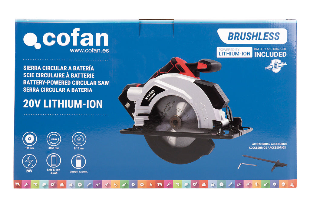 Cofan – Sierra Circular a Batería 20 V Brushless | Disco Ø185 mm | 3.650 rpm | Corte 50 mm | Con o Sin Batería y Cargador
