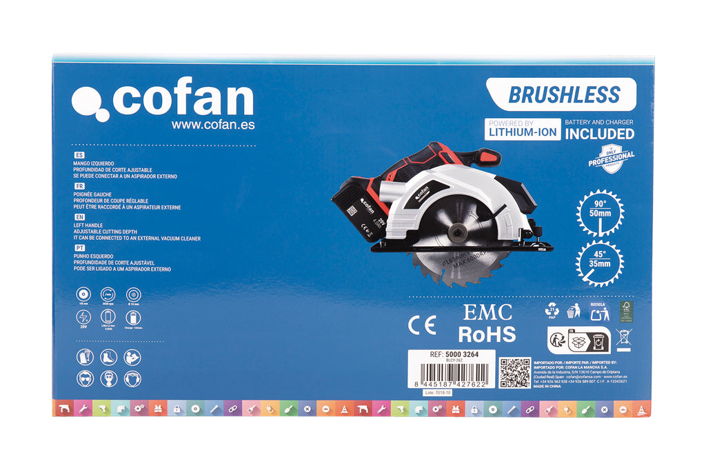 Cofan – Sierra Circular a Batería 20 V Brushless | Disco Ø185 mm | 3.650 rpm | Corte 50 mm | Con o Sin Batería y Cargador