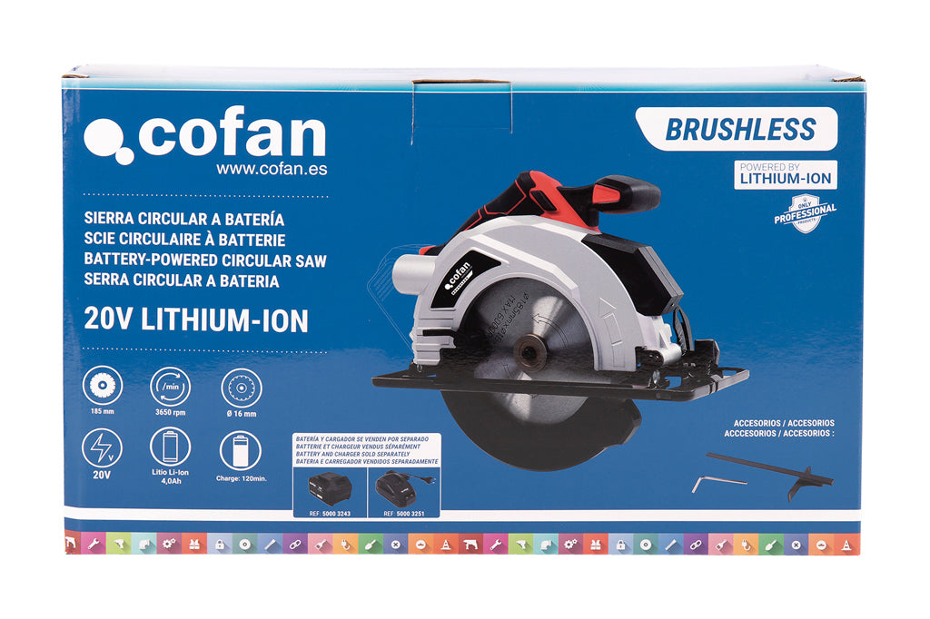 Cofan – Sierra Circular a Batería 20 V Brushless | Disco Ø185 mm | 3.650 rpm | Corte 50 mm | Con o Sin Batería y Cargador