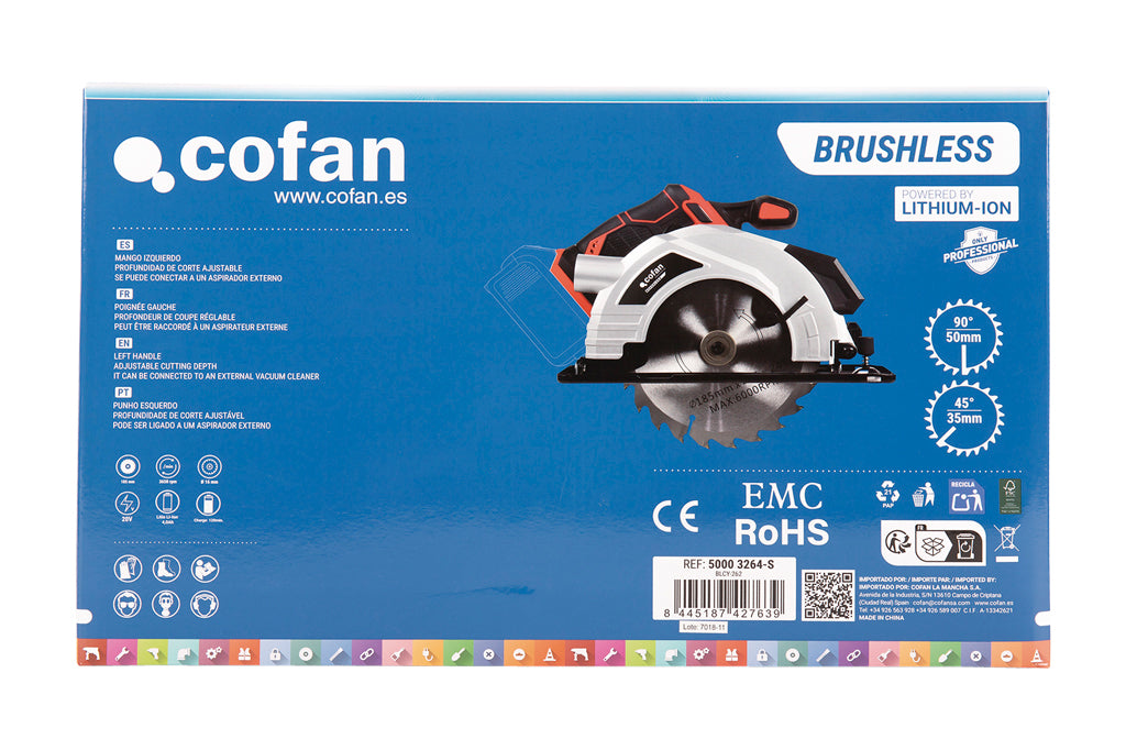 Cofan – Sierra Circular a Batería 20 V Brushless | Disco Ø185 mm | 3.650 rpm | Corte 50 mm | Con o Sin Batería y Cargador
