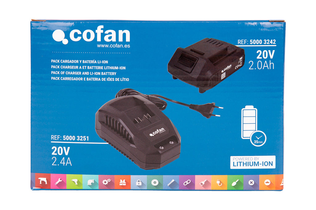 Cofan – Pack Cargador 20 V 2.4 A + Batería 20 V 2.0 Ah Li-Ion | Sistema 1 for All | Protección Contra Sobrecarga