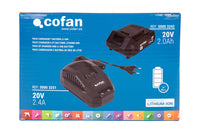 Cofan – Pack Cargador 20 V 2.4 A + Batería 20 V 2.0 Ah Li-Ion | Sistema 1 for All | Protección Contra Sobrecarga