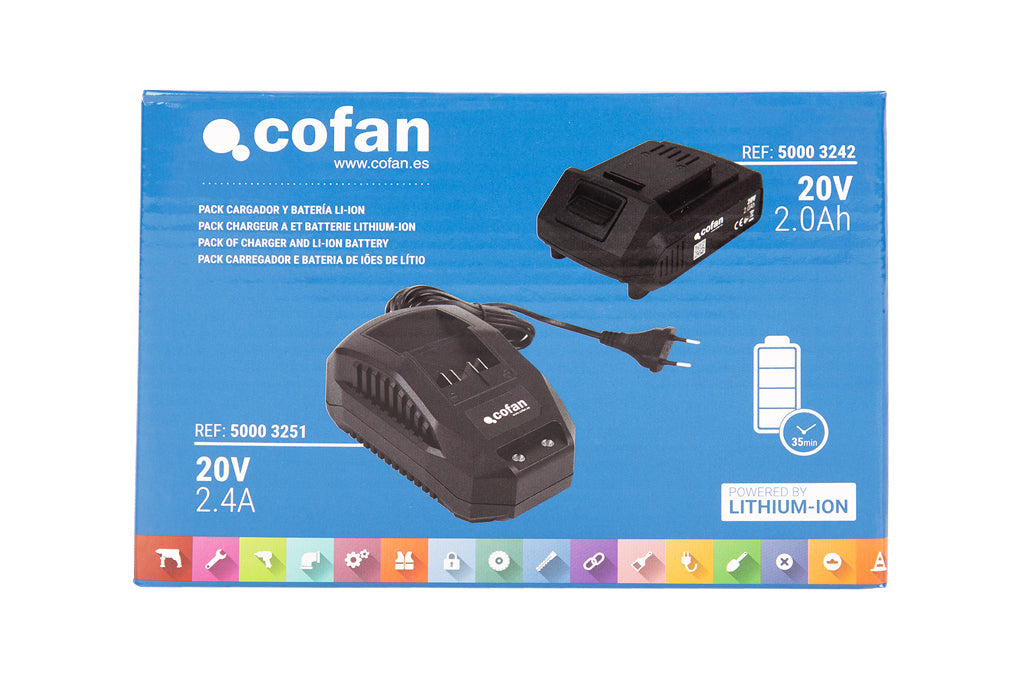 Cofan – Pack Cargador 20 V 2.4 A + Batería 20 V 2.0 Ah Li-Ion | Sistema 1 for All | Protección Contra Sobrecarga