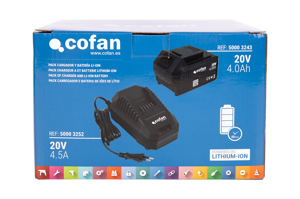 Cofan – Pack Cargador 20 V 4.5 A + Batería 20 V 4.0 Ah Li-Ion | Sistema 1 for All | Protección Contra Sobrecarga