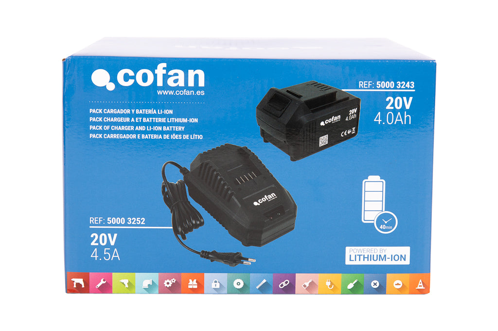 Cofan – Pack Cargador 20 V 4.5 A + Batería 20 V 4.0 Ah Li-Ion | Sistema 1 for All | Protección Contra Sobrecarga