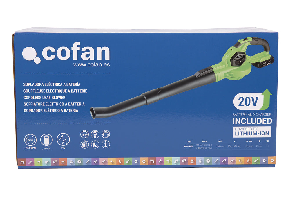 Cofan – Sopladora Eléctrica a Batería Li-ion 20 V | 12.000 rpm | 2 Velocidades | Con Batería y Cargador