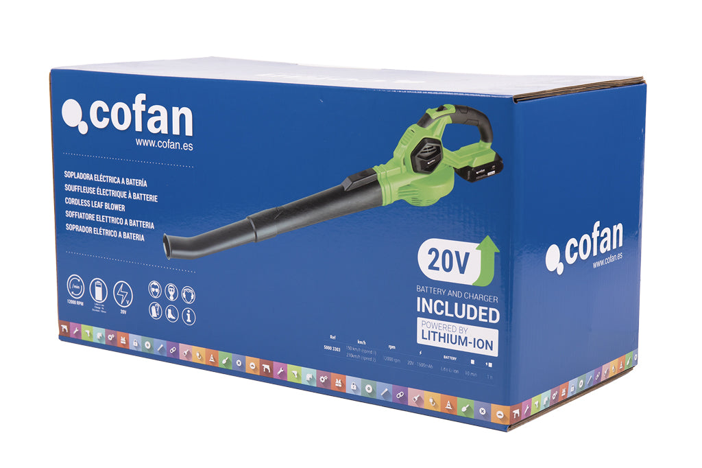 Cofan – Sopladora Eléctrica a Batería Li-ion 20 V | 12.000 rpm | 2 Velocidades | Con Batería y Cargador