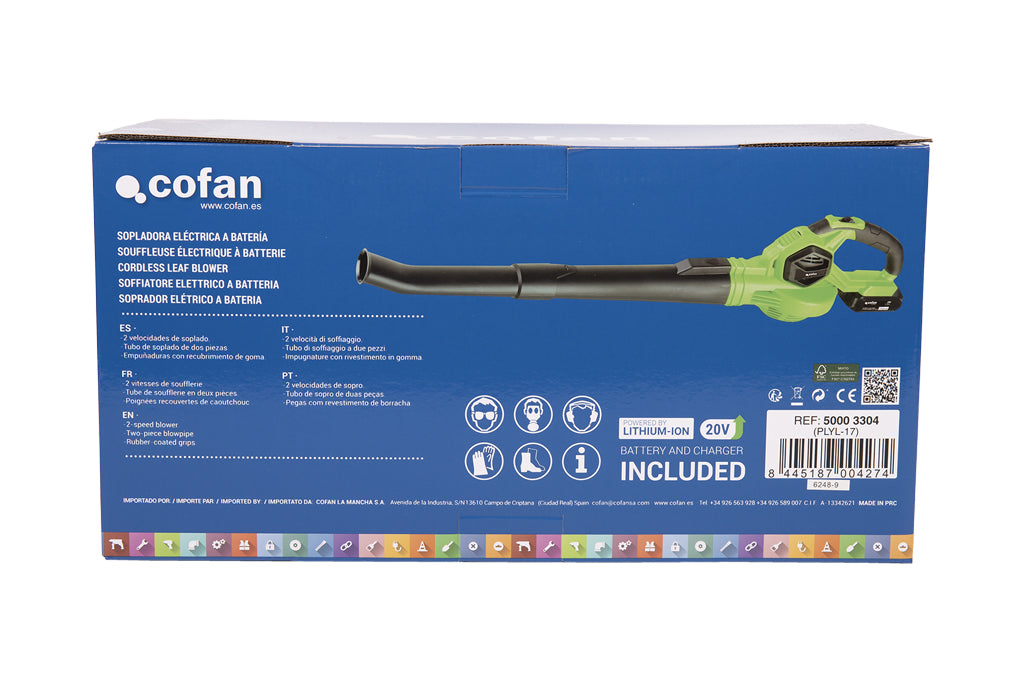 Cofan – Sopladora Eléctrica a Batería Li-ion 20 V | 12.000 rpm | 2 Velocidades | Con Batería y Cargador