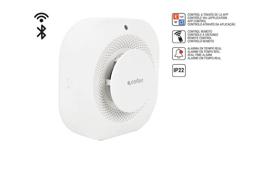 Cofan – Detector de Humo Inteligente | WiFi + Bluetooth | Compatible con Alexa y Google | Alarma 80 dB | App Smart Life