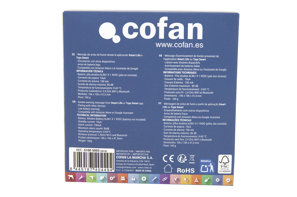 Cofan – Detector de Humo Inteligente | WiFi + Bluetooth | Compatible con Alexa y Google | Alarma 80 dB | App Smart Life