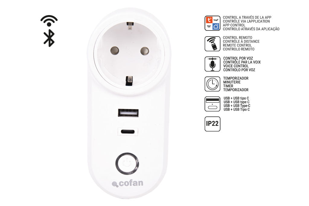 Cofan – Enchufe Inteligente WiFi con USB y USB-C | Control Remoto por App | Compatible con Alexa y Google | Temporizador y Protección Infantil