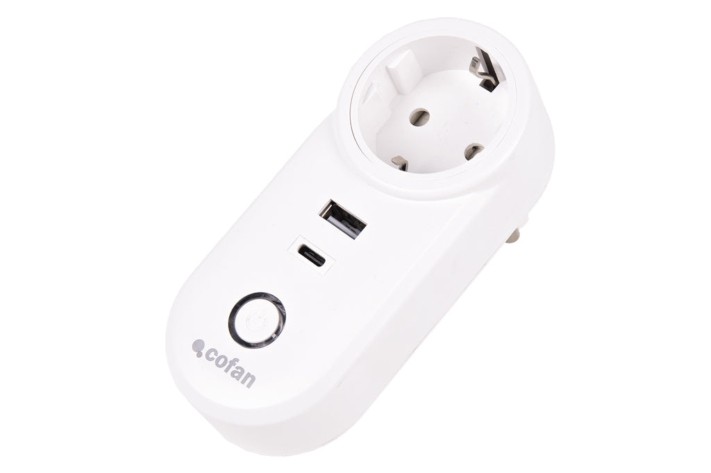 Cofan – Enchufe Inteligente WiFi con USB y USB-C | Control Remoto por App | Compatible con Alexa y Google | Temporizador y Protección Infantil