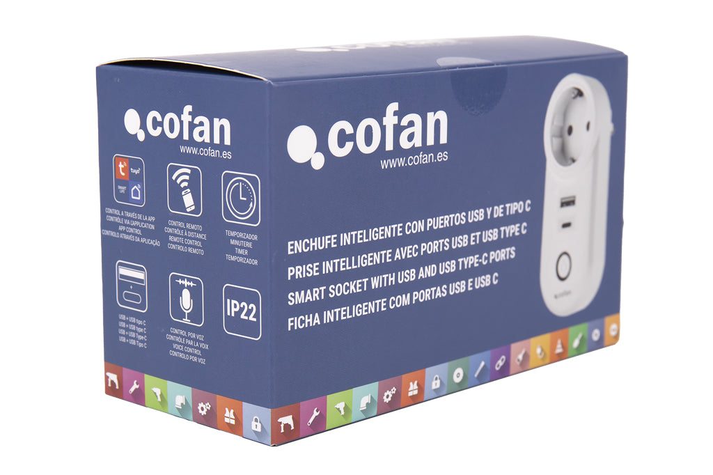 Cofan – Enchufe Inteligente WiFi con USB y USB-C | Control Remoto por App | Compatible con Alexa y Google | Temporizador y Protección Infantil