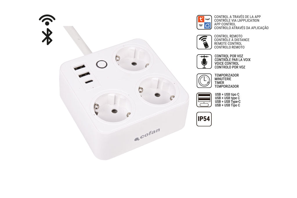 Cofan – Regleta Inteligente WiFi con 3 Tomas + 2 Puertos USB + 1 USB-C | Control Remoto | Compatible con Alexa y Google | App Smart Life o Tuya