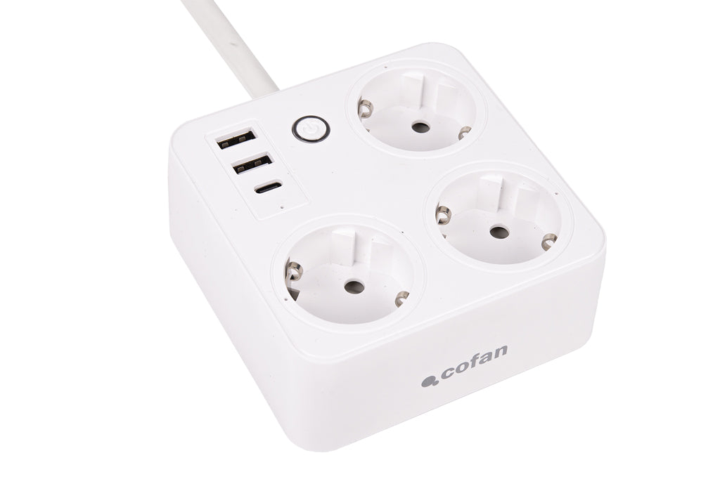 Cofan – Regleta Inteligente WiFi con 3 Tomas + 2 Puertos USB + 1 USB-C | Control Remoto | Compatible con Alexa y Google | App Smart Life o Tuya