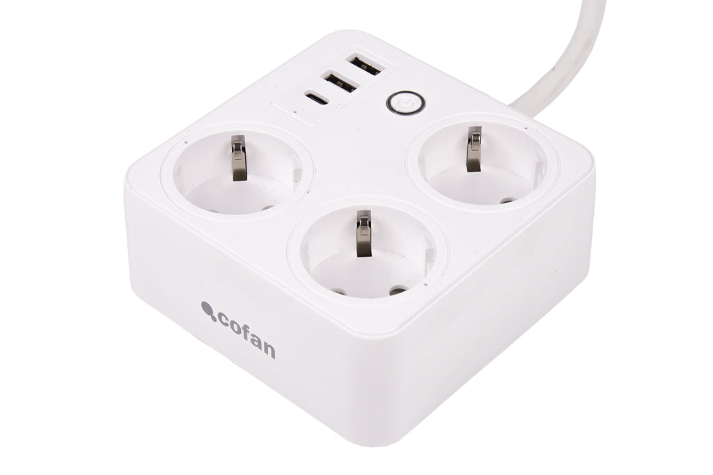 Cofan – Regleta Inteligente WiFi con 3 Tomas + 2 Puertos USB + 1 USB-C | Control Remoto | Compatible con Alexa y Google | App Smart Life o Tuya