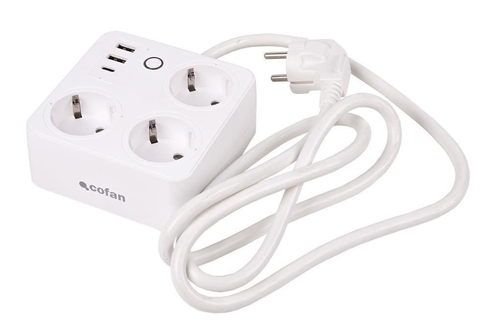 Cofan – Regleta Inteligente WiFi con 3 Tomas + 2 Puertos USB + 1 USB-C | Control Remoto | Compatible con Alexa y Google | App Smart Life o Tuya