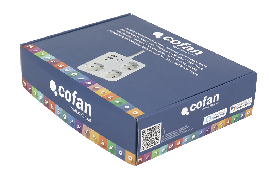 Cofan – Regleta Inteligente WiFi con 3 Tomas + 2 Puertos USB + 1 USB-C | Control Remoto | Compatible con Alexa y Google | App Smart Life o Tuya