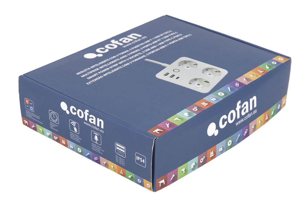 Cofan – Regleta Inteligente WiFi con 3 Tomas + 2 Puertos USB + 1 USB-C | Control Remoto | Compatible con Alexa y Google | App Smart Life o Tuya