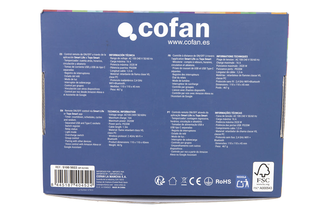 Cofan – Regleta Inteligente WiFi con 3 Tomas + 2 Puertos USB + 1 USB-C | Control Remoto | Compatible con Alexa y Google | App Smart Life o Tuya