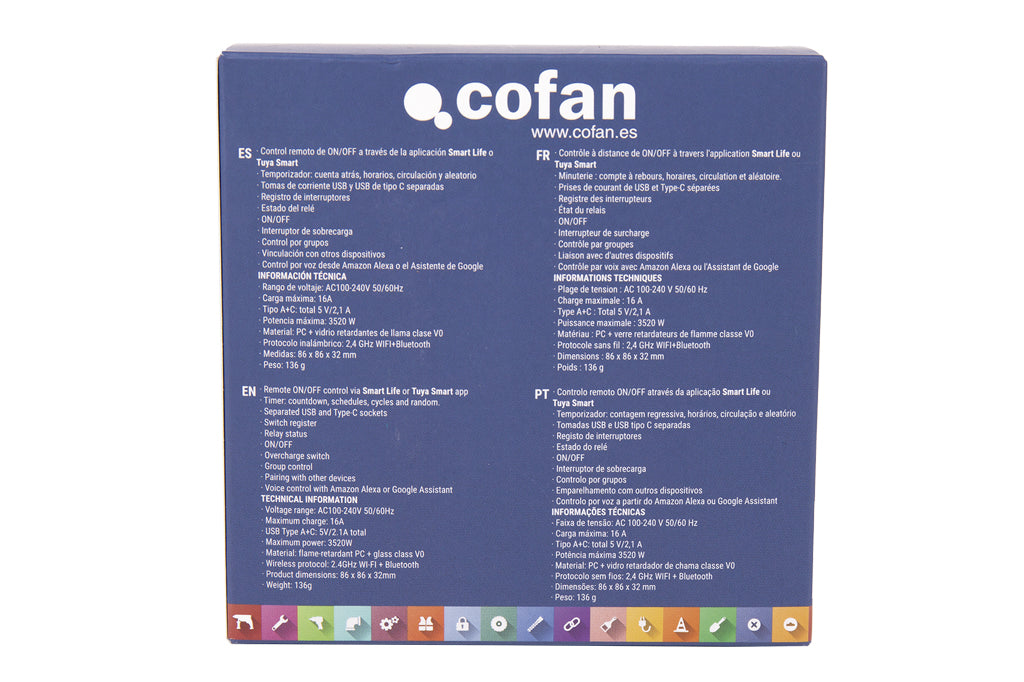 Cofan – Base de Enchufe Inteligente con USB y Tipo C | WiFi + Bluetooth | Compatible Alexa y Google | Control Remoto y Temporizador