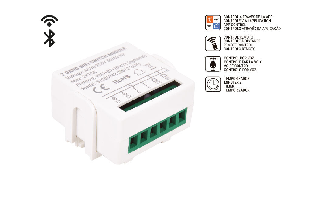 Cofan – Relé Inteligente WiFi de 2 Interruptores | Control Independiente de Luces | App Smart Life o Tuya | Compatible con Alexa y Google