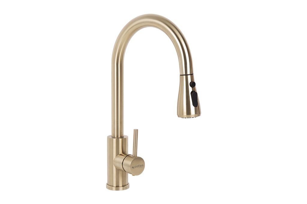 Cofan – Grifo de Cocina Extensible Dorado | 3 Funciones | Giro 360° | Acero Inox 304 | Cartucho Cerámico Ø35 mm