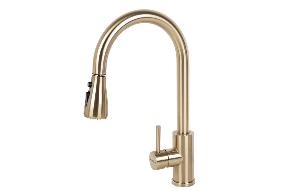 Cofan – Grifo de Cocina Extensible Dorado | 3 Funciones | Giro 360° | Acero Inox 304 | Cartucho Cerámico Ø35 mm