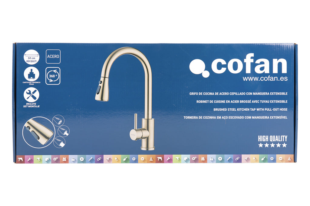 Cofan – Grifo de Cocina Extensible Dorado | 3 Funciones | Giro 360° | Acero Inox 304 | Cartucho Cerámico Ø35 mm