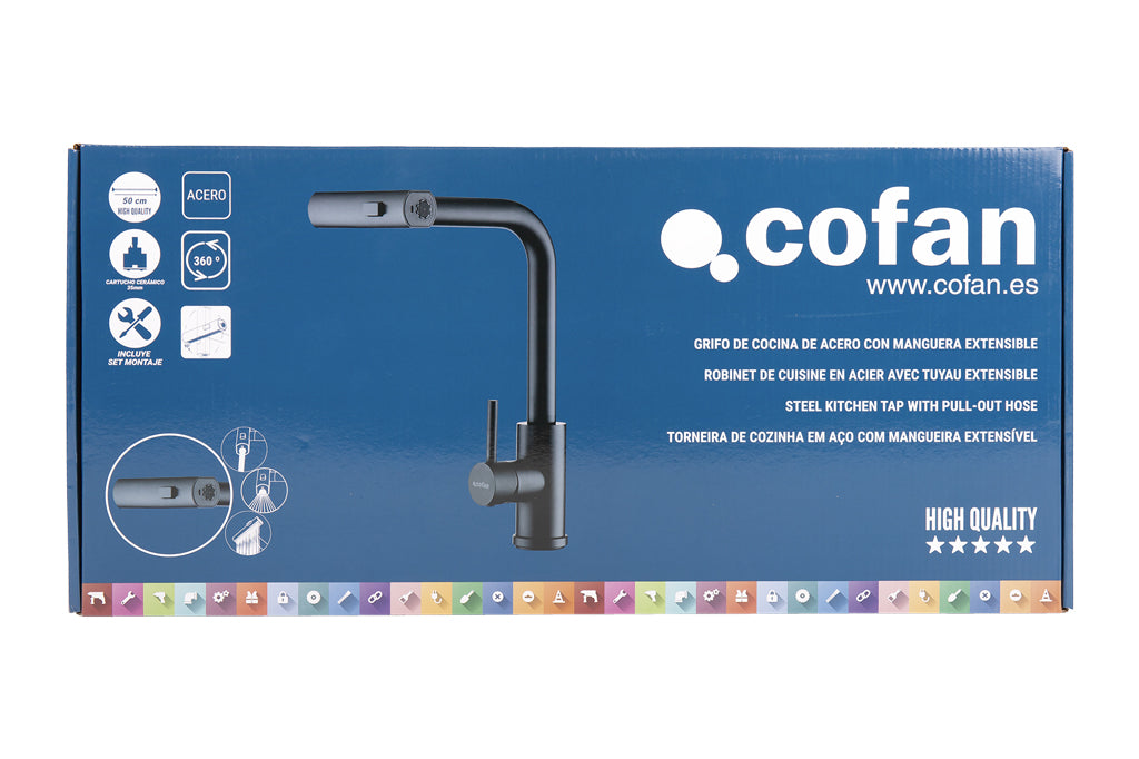 Cofan – Grifo de Cocina Negro 3 Funciones | Giro 360° | Acero Inox 304 | Cartucho Cerámico Ø35 mm