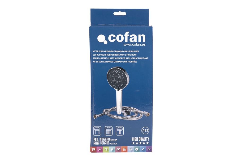 Cofan – Kit de Ducha: Mango + Flexo + Soporte | 3 Funciones | ABS Cromado | Ahorro 9 l/min