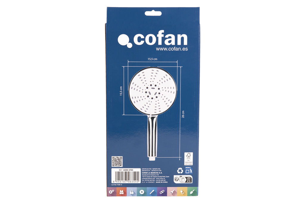 Cofan – Mango de Ducha Cromado de Alta Presión | 5 Funciones | Ø15,5 cm | Ahorro 9 l/min