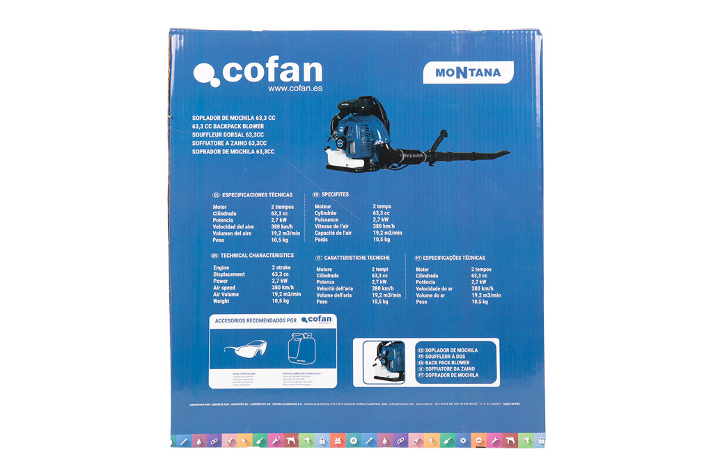 Cofan – Sopladora de Mochila Montana | Motor Gasolina 63,3 cc | Bajo Ruido | Alta Comodidad
