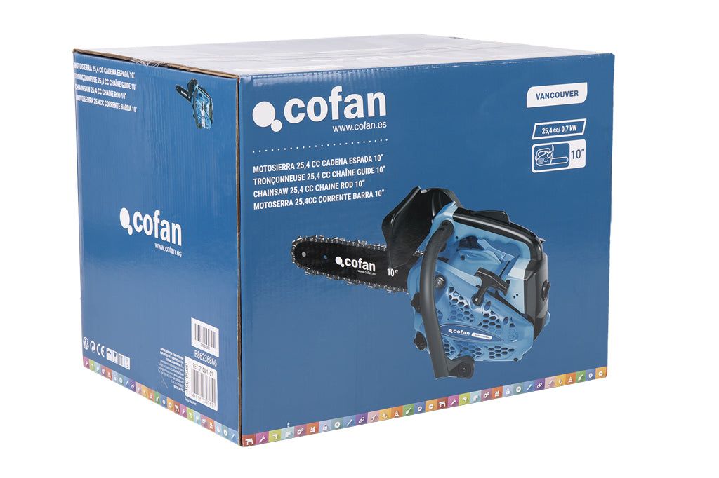 Cofan – Motosierra de Poda Gasolina 25,4 cc Vancouver | Espada 10” | 0,9 CV | Cadena 3/8” Bajo Perfil | Antivibración