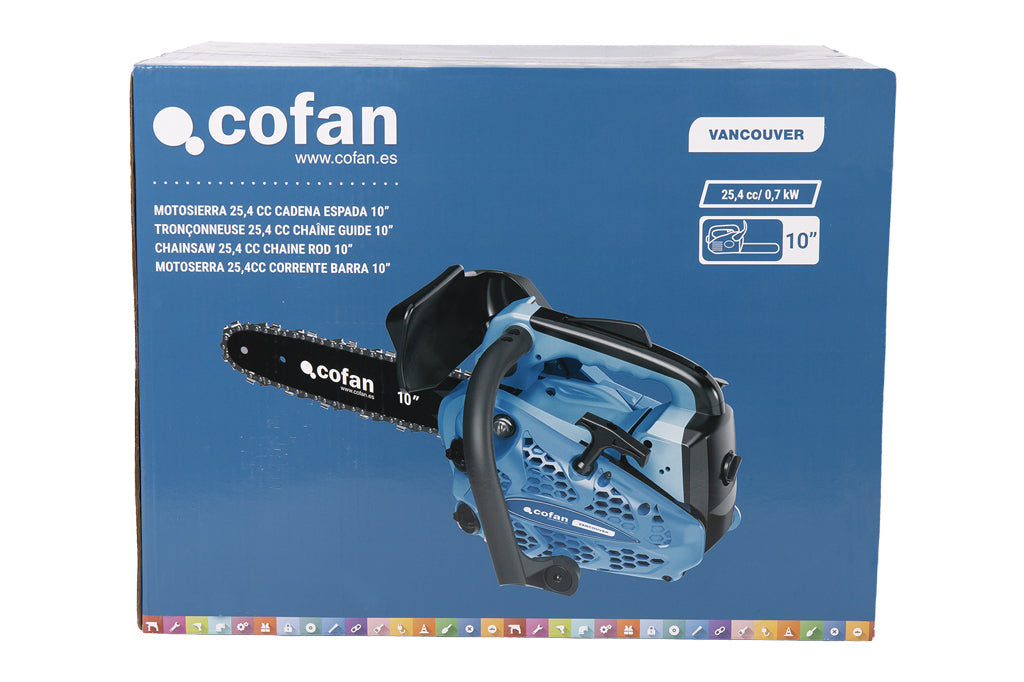 Cofan – Motosierra de Poda Gasolina 25,4 cc Vancouver | Espada 10” | 0,9 CV | Cadena 3/8” Bajo Perfil | Antivibración