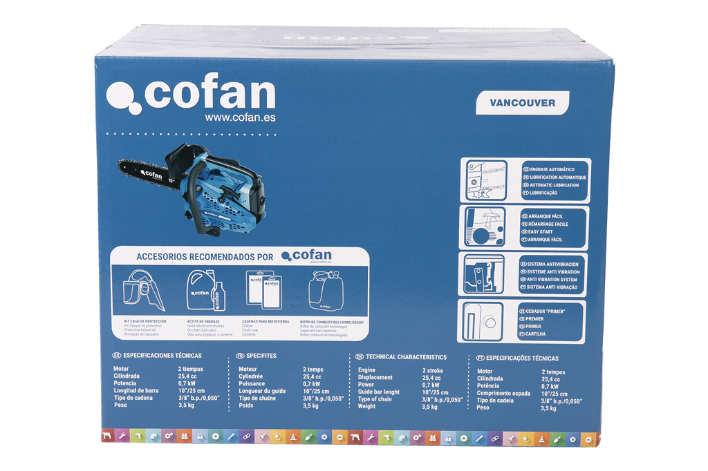 Cofan – Motosierra de Poda Gasolina 25,4 cc Vancouver | Espada 10” | 0,9 CV | Cadena 3/8” Bajo Perfil | Antivibración