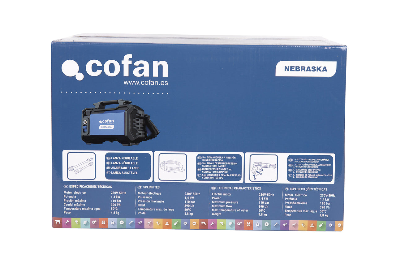 Cofan – Limpiadora de Alta Presión Nebraska | 1400 W | 110 bares | Sistema TSS Compacto y Portátil