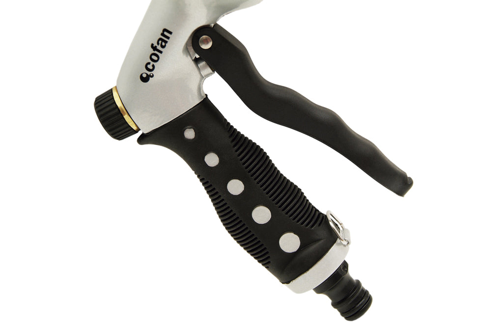 Cofan – Pistola de Riego Metálica con 7 Posiciones | Ergonómica y Resistente | Para Césped, Jardín y Limpieza