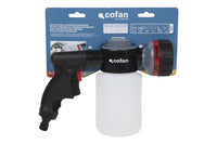 Cofan – Pistola de Riego con 6 Modos y Depósito de Jabón 500 ml | Multifunción para Jardín y Limpieza | Control de Espuma