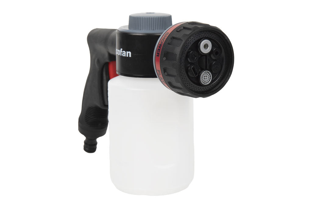Cofan – Pistola de Riego con 6 Modos y Depósito de Jabón 500 ml | Multifunción para Jardín y Limpieza | Control de Espuma