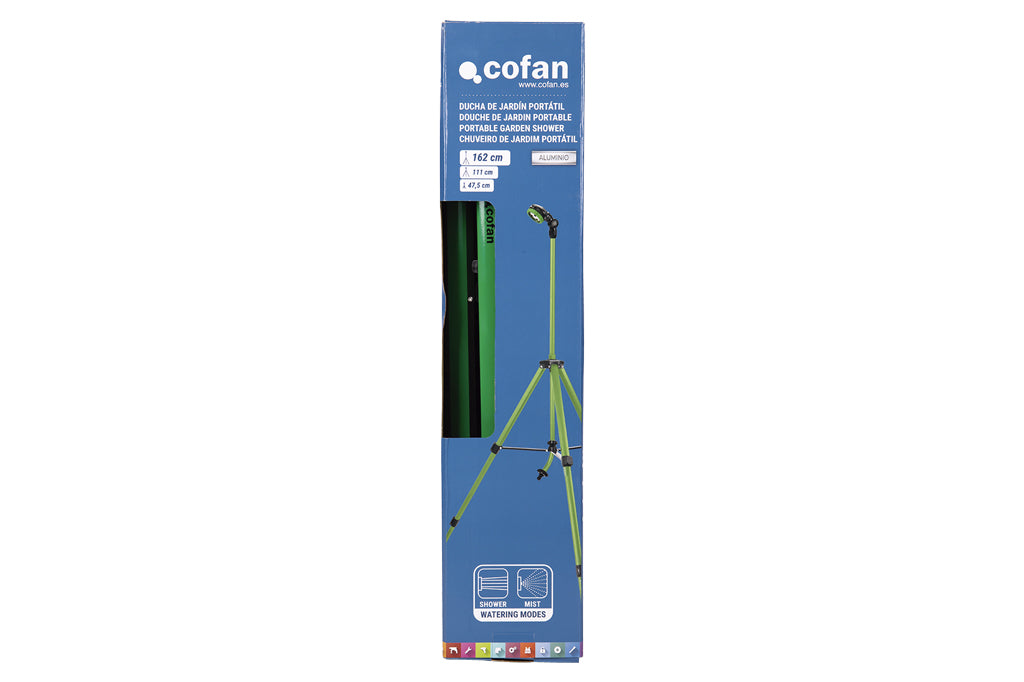 Cofan – Ducha de Jardín con Trípode | Altura Regulable hasta 162 cm | 2 Funciones: Ducha y Nebulización | Conector Universal Incluido