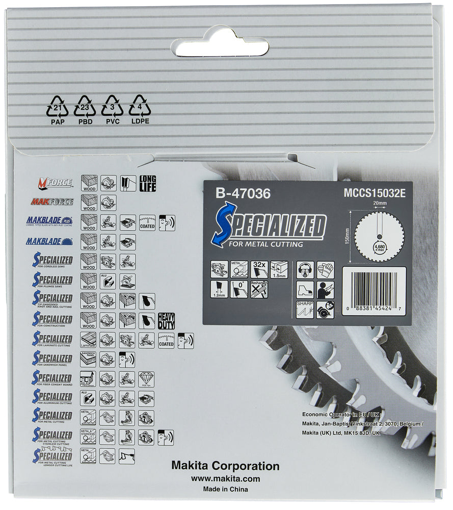 Makita Specialized T.C.T. Disco Sierra Circular B-47036 | 150 x 20 mm | 32 Dientes