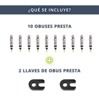 IBRIQO® Kit 10 Obuses Válvula Presta + 2 Llaves para Bicicleta MTB y Road