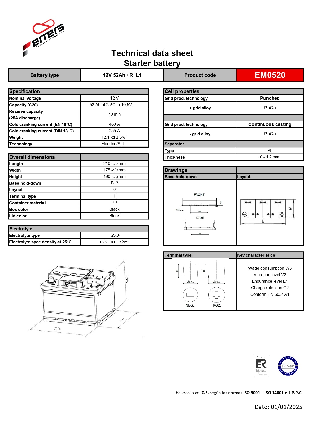 Emers - Batería de Arranque 12V 52Ah 460A EN EM0520