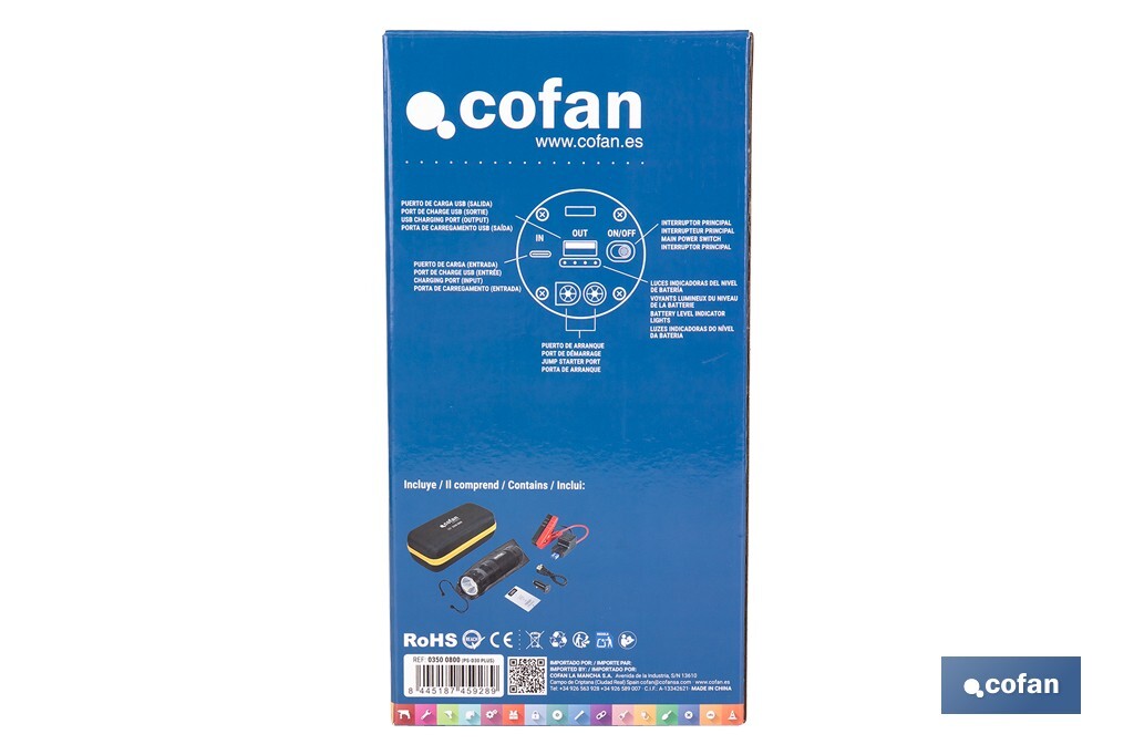 Cofan – Arrancador Portátil de Baterías 600 A | Linterna LED 330 Lúmenes | Power Bank USB | Gasolina hasta 5000 cc y Diésel hasta 3000 cc