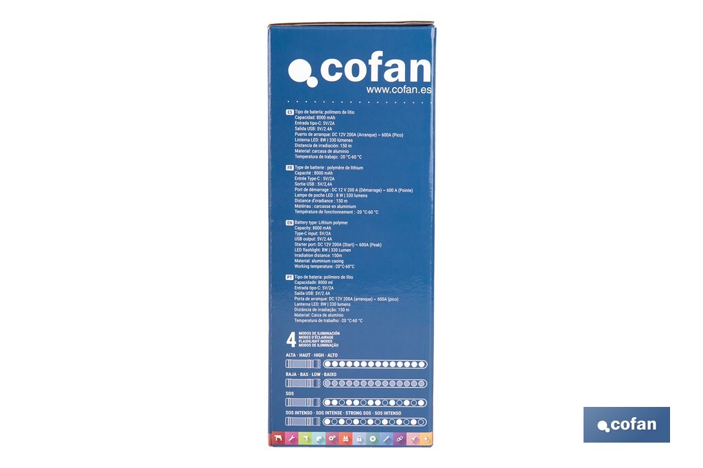 Cofan – Arrancador Portátil de Baterías 600 A | Linterna LED 330 Lúmenes | Power Bank USB | Gasolina hasta 5000 cc y Diésel hasta 3000 cc